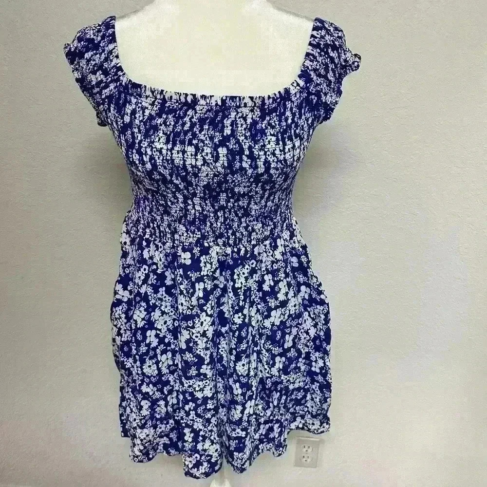 Express Blue Floral Square Neck Dress with Smocking and Pockets